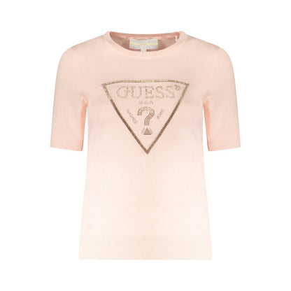Alt Tag: Guess Jeans Pink Viscose Sweater with rhinestone logo, short sleeves, and contrasting details.