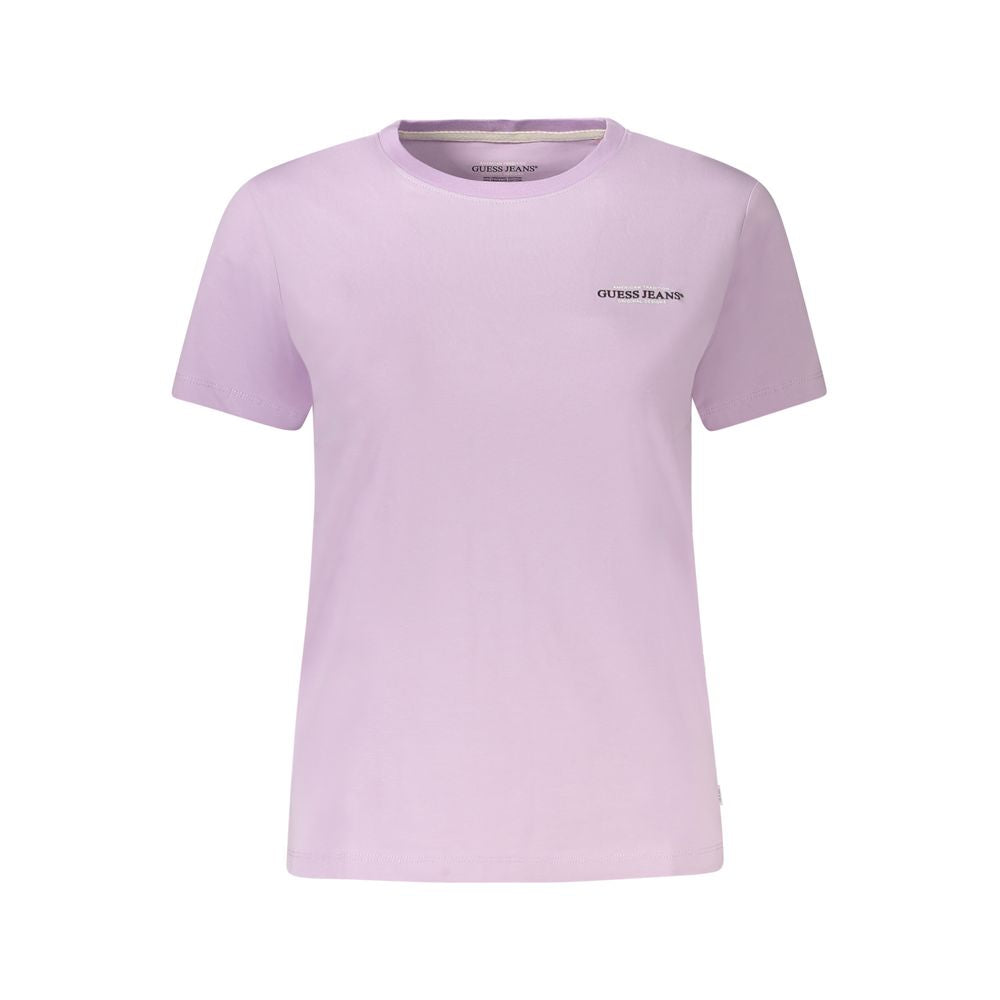 Guess Jeans Purple Cotton Women T-Shirt with crew neck and short sleeves, featuring the iconic Guess logo on a slim fit design.