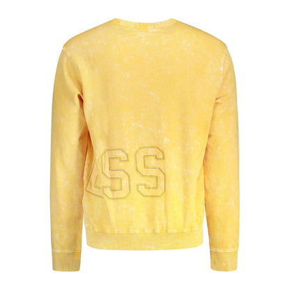 Guess Jeans Yellow Cotton Men Sweater with embroidered logo, plush cotton, long sleeves, crew neck, and washed effect back view.