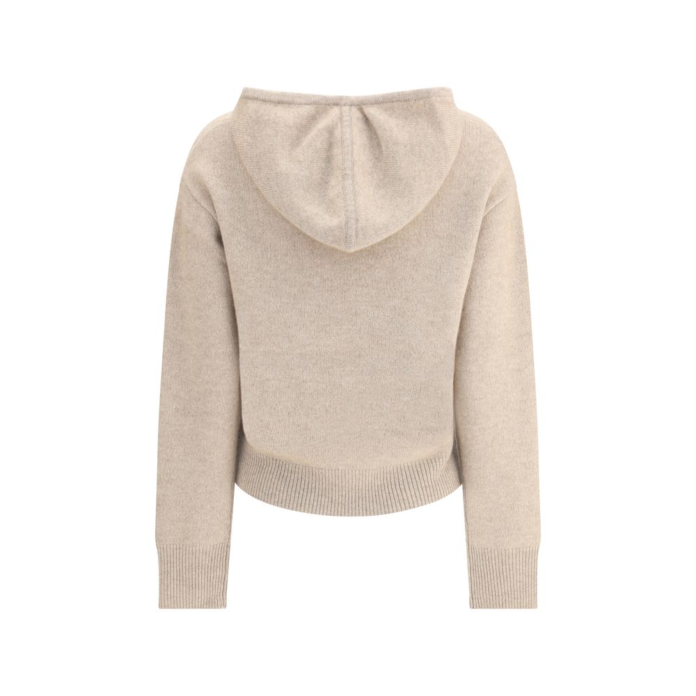 Back view of Guest in Residence Beige Cashmere Hoodie with ribbed hem and cuffs, showcasing the soft texture and adjustable hood.