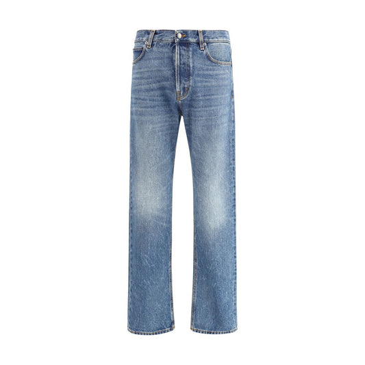 Haikure Blue Cotton Straight-Leg Jeans, five-pocket, front button closure, leather patch, vintage effect, regular fit, AW25.