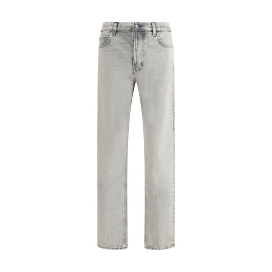 Haikure Light Blue Cotton Straight-Leg Jeans with five-pocket design, rivets, and custom buttons, perfect for any occasion.