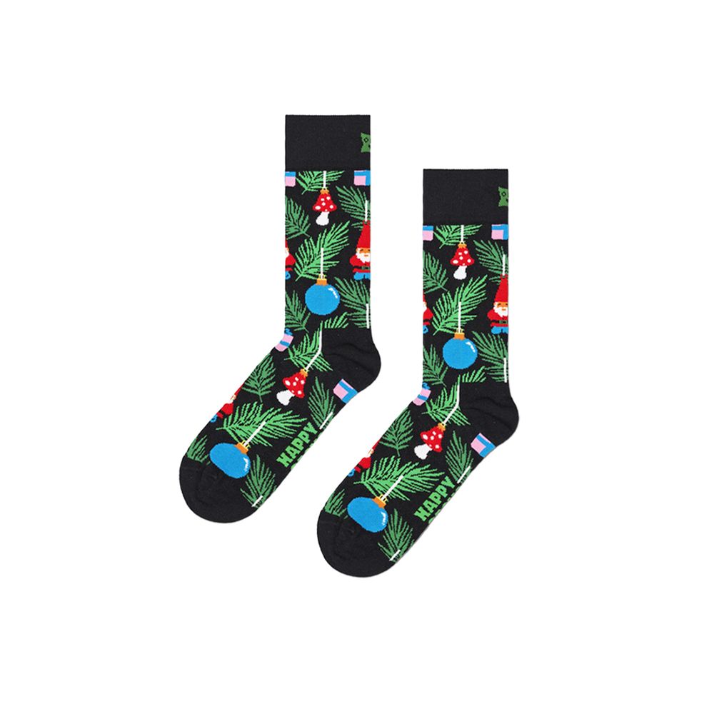 Happy Socks Black Cotton Socks with Christmas decoration pattern featuring baubles and mushrooms. Perfect festive accessory for women.