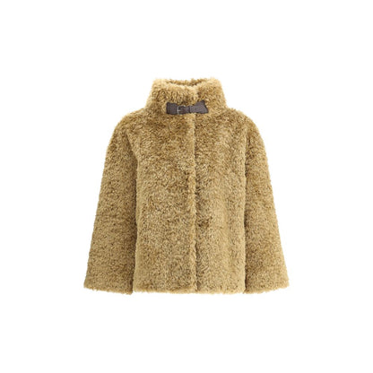 Alt Tag: Herno Beige Polyester Coat with high collar and adjustable leather buckle, eco-friendly fur, elegant design with concealed buttons.