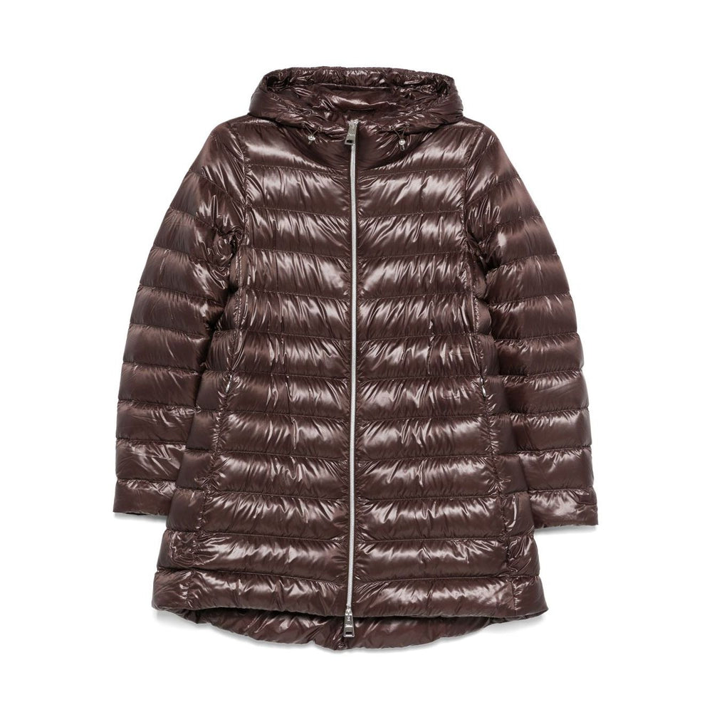 Herno Coats Brown high-shine midi down jacket with two-way zip, drawstring hood, and zip pockets.