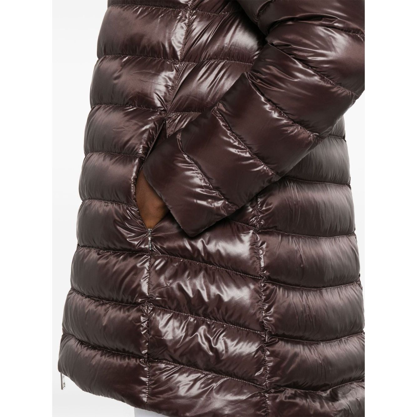 Herno Coats Brown A-shape midi down jacket with high-shine finish, featuring a chocolate brown color and side zip-fastening pockets.