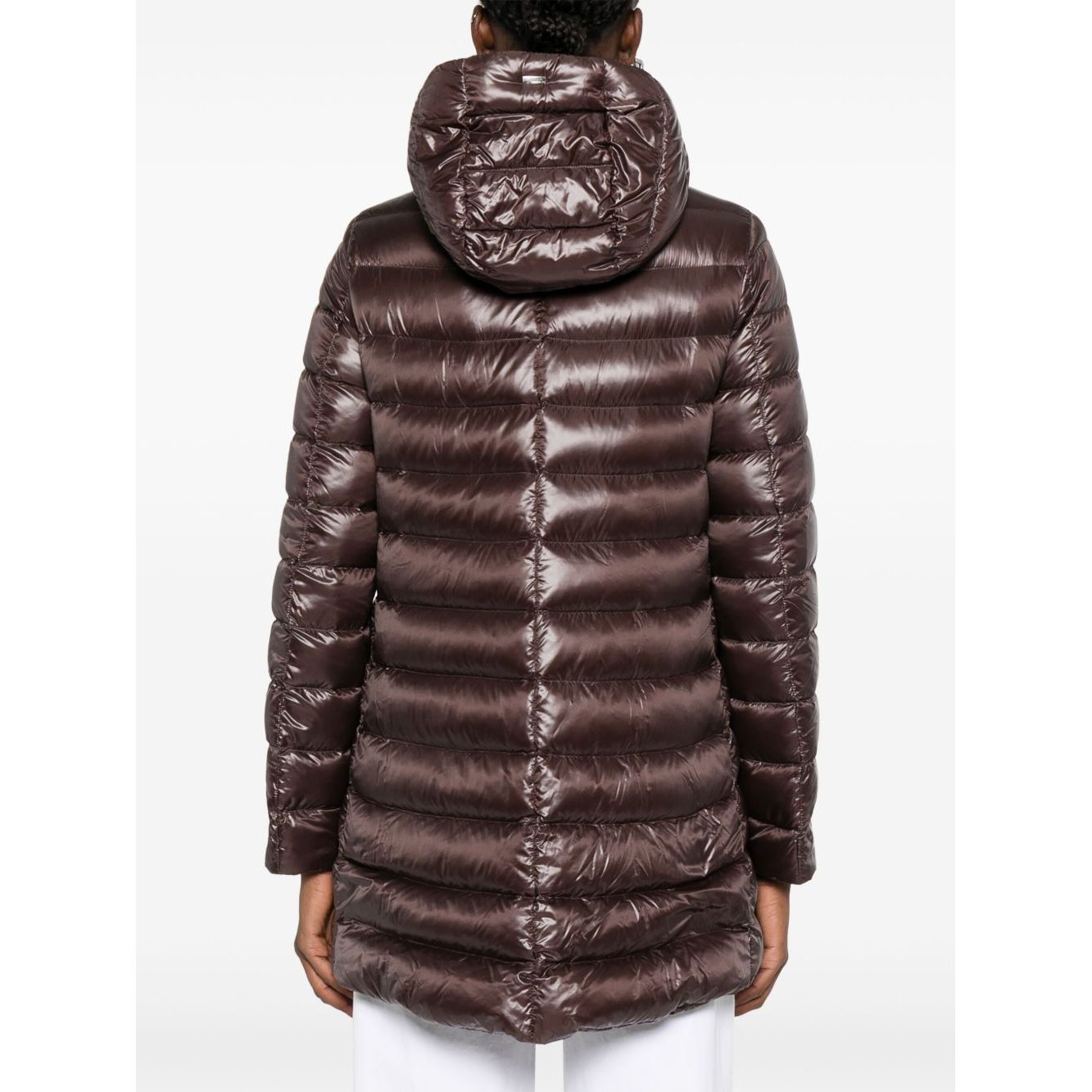 Herno Coats Brown with high-shine finish, two-way zip, drawstring hood, and zip pockets, shown from the back, highlighting A-shape midi down design.