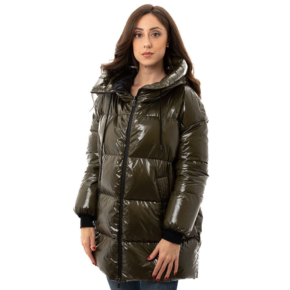 Woman wearing Herno Green Polyamide Parka with hood and zipper closure, dark green padded jacket comfort, size 42, lightweight down coat.