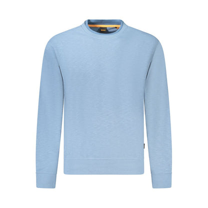Hugo Boss Blue Cotton Men Sweater, luxurious long sleeve crew neck with contrasting details and iconic logo.