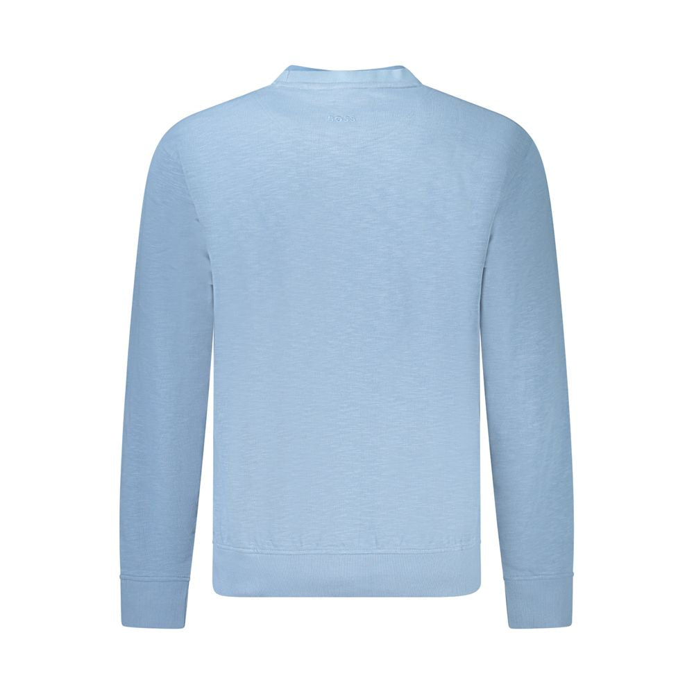 Hugo Boss Blue Cotton Men Sweater, back view showing elegant long sleeves and luxurious cotton fabric.
