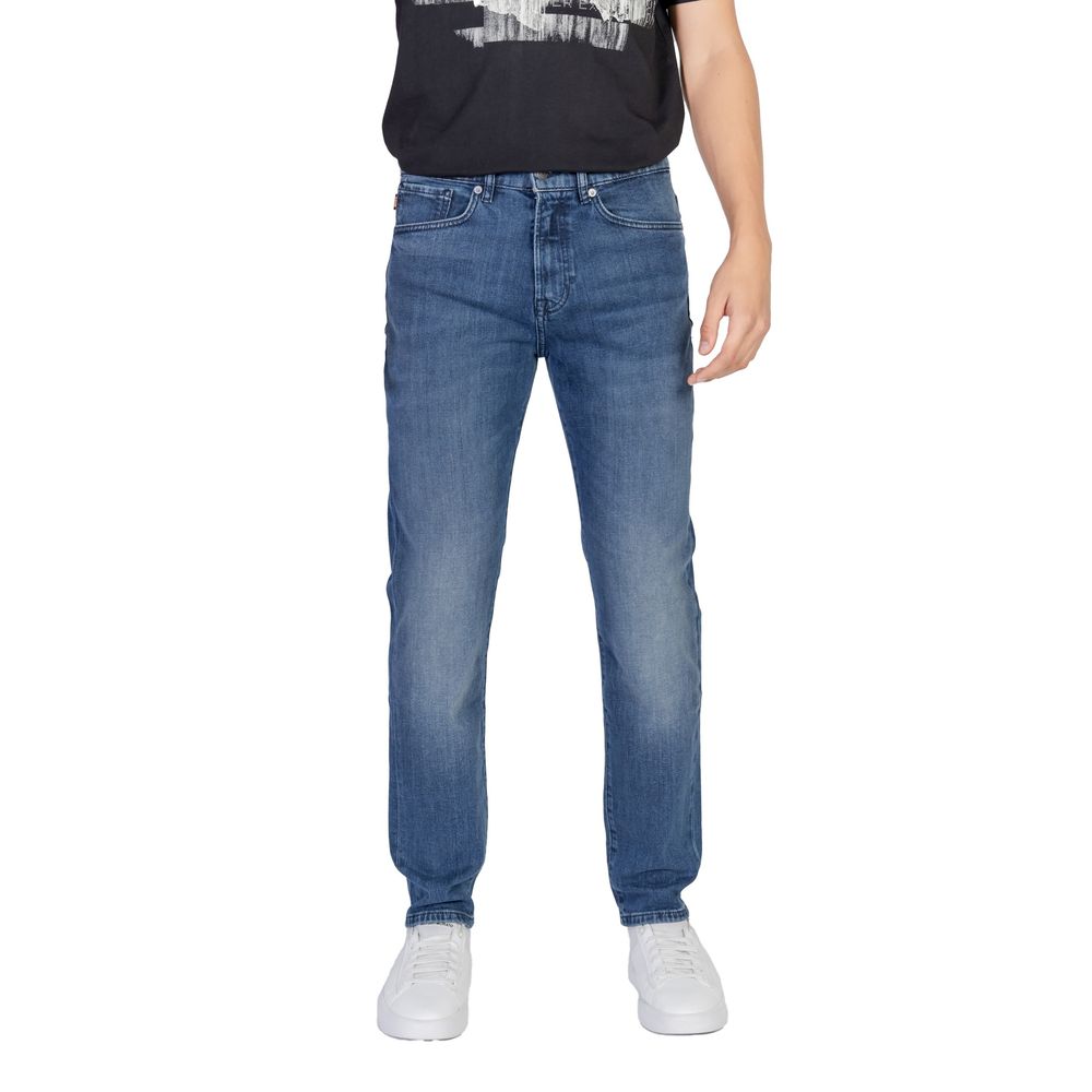 Hugo Boss Blue Cotton Relaxed Fit Jeans on model, showcasing modern style and comfort with regular loose fit for freedom of movement.