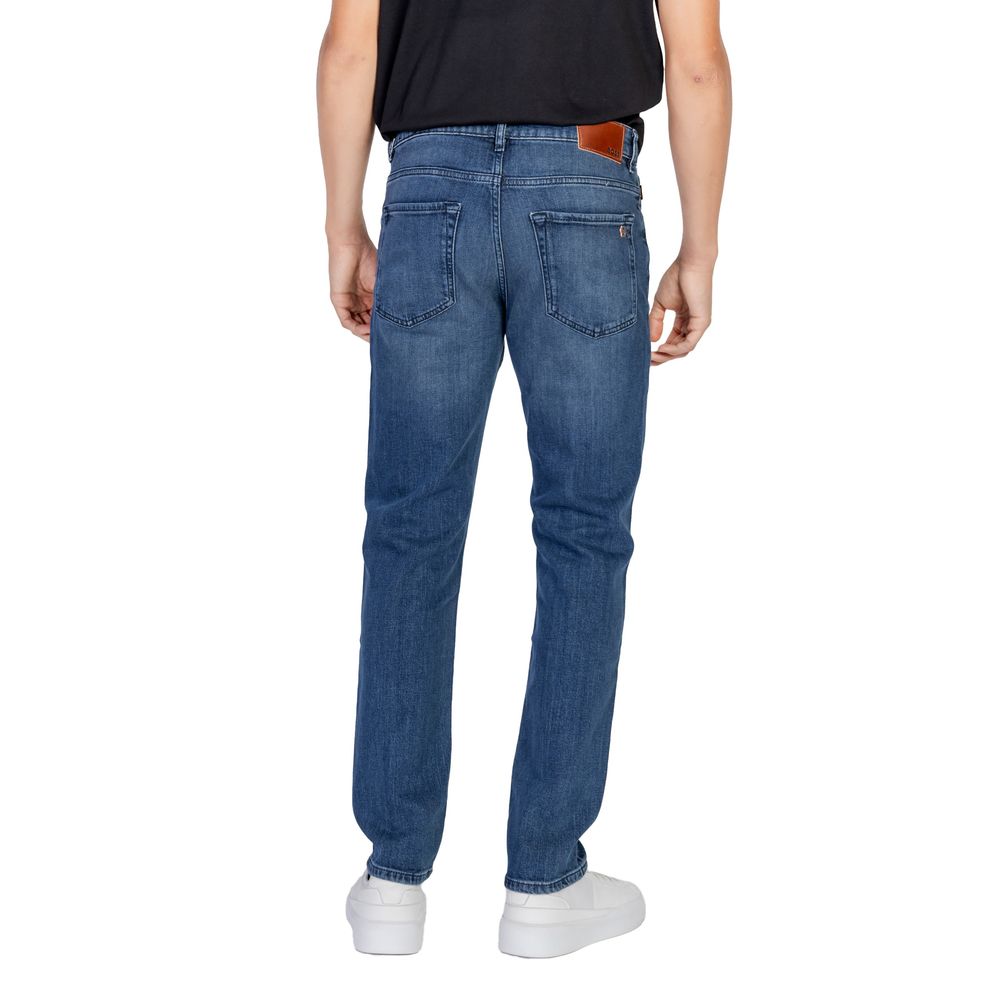 Back view of Hugo Boss Blue Cotton Relaxed Fit Jeans for men, showcasing a regular loose fit and contemporary style.