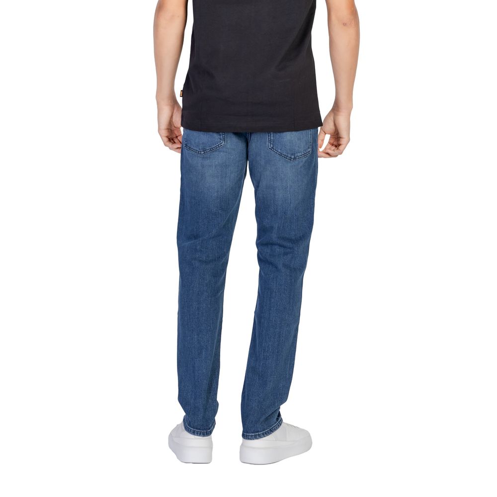 Back view of model wearing Hugo Boss Blue Cotton Relaxed Fit Jeans with regular loose cut for modern comfort