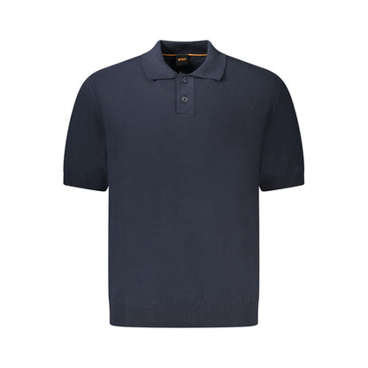 Hugo Boss Blue Cotton Sweater with short sleeves, 2 buttons, embroidery, and logo, perfect for stylish casual wear.