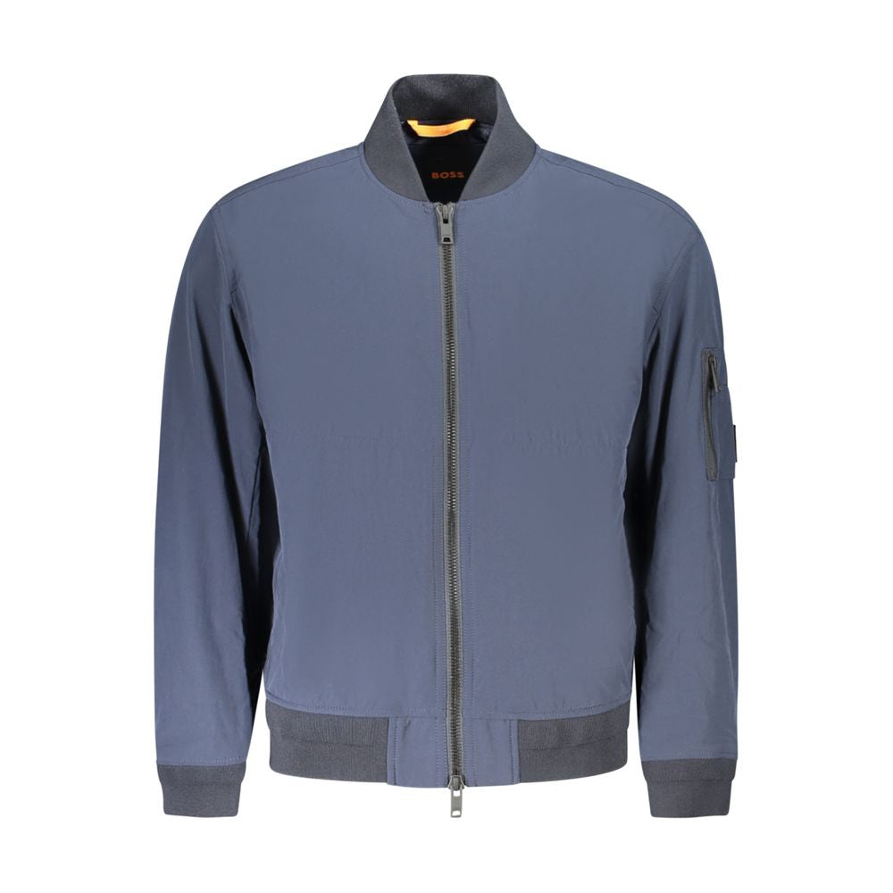 Hugo Boss Blue Polyamide Men Jacket with zip closure and multiple pockets, showcasing modern luxury and style-conscious design.