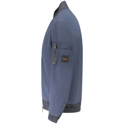 Hugo Boss Blue Polyamide Men Jacket side view showcasing pocket details and tailored fit.