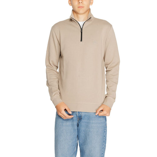 Man wearing Hugo Boss Brown Cotton Sweatshirt with half zip and logo patch, showcasing casual refined style.