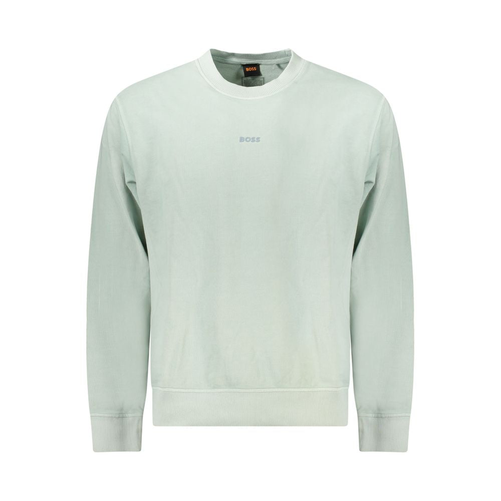 Hugo Boss Green Cotton Men Sweater, crew neck, brushed texture, iconic logo, elegant green hue, comfortable casual wear.