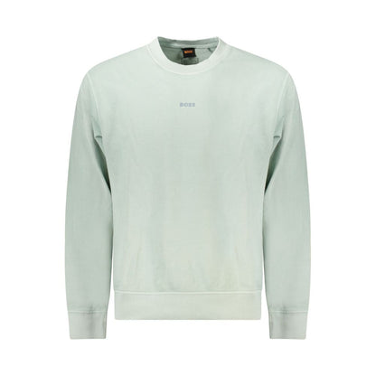 Hugo Boss Green Cotton Men Sweater, crew neck, brushed texture, iconic logo, elegant green hue, comfortable casual wear.