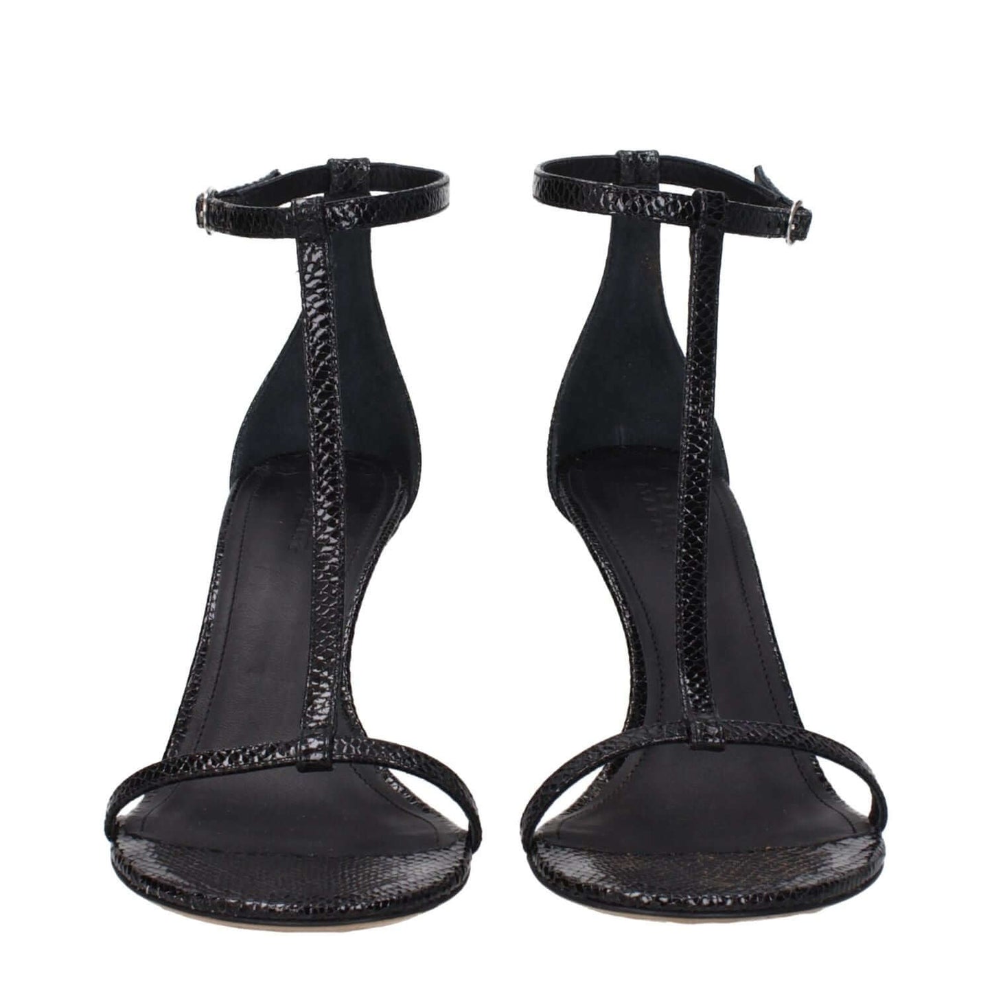Isabel Marant Black Leather Stiletto Heel Sandals with buckle closure and python print, featuring an open toe and 8.5 cm high heel.