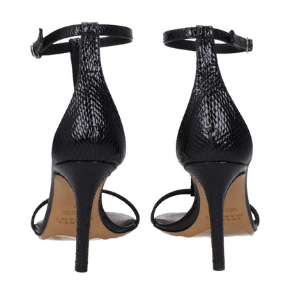 Isabel Marant Black Leather Stiletto Heel Sandals with buckle closure and python print, featuring an 8.5 cm high heel and open toe design.