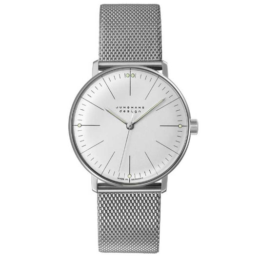 JUNGHANS MOD. 027_3004-46 silver mesh watch with minimalist design and white dial.