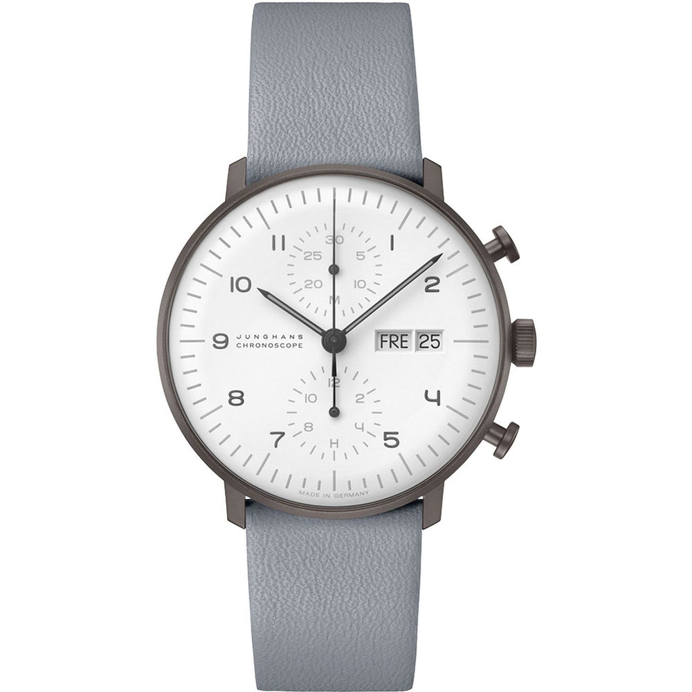 JUNGHANS MOD. 027_4008-02 sleek white dial watch with gray leather strap and chronograph features