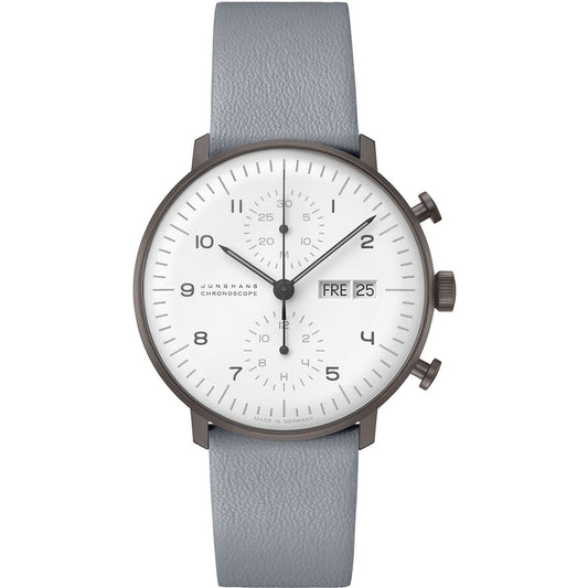 JUNGHANS MOD. 027_4008-02 sleek white dial watch with gray leather strap and chronograph features