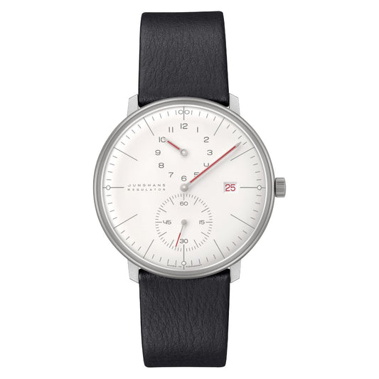 JUNGHANS MOD. 027_4493-02 watch with white dial, black leather strap, and minimalist design.