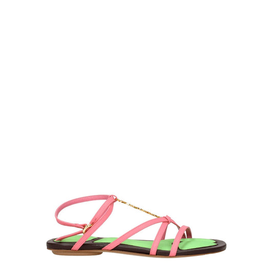 Jacquemus Pink Leather Flat Sandals featuring gold details, open toe, and buckle closure on leather sole. Item code: F76750.