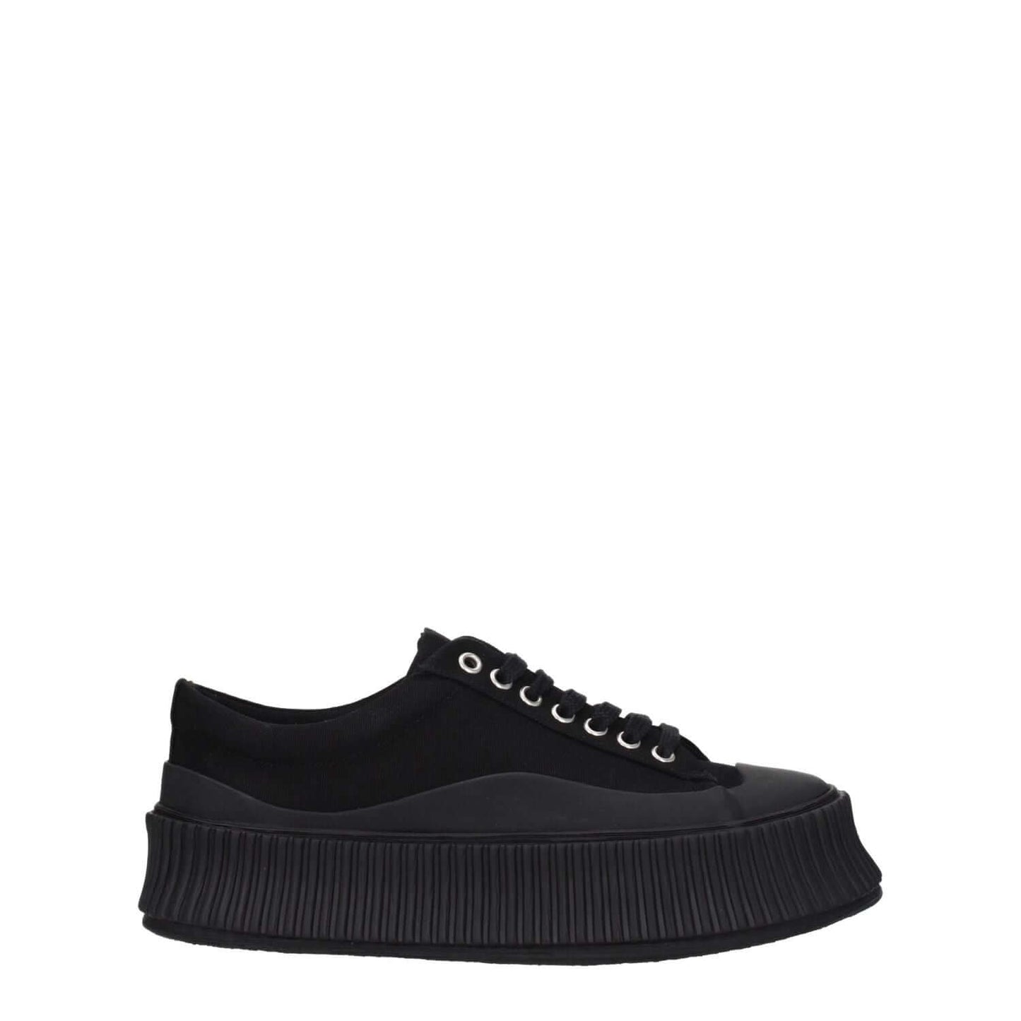Jil Sander Black Fabric Chunky Sneakers with lace-up closure and square toe design, featuring a 5 cm rubber wedge heel.