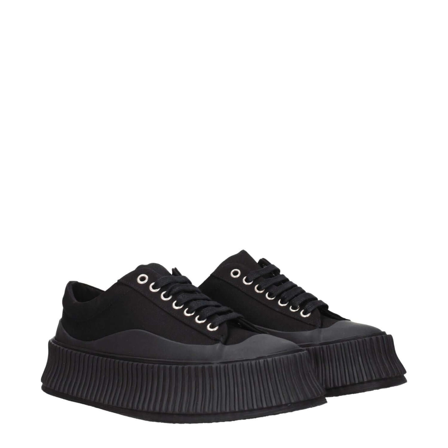 Jil Sander Black Fabric Chunky Sneakers with wedge heel and lace-up closure, featuring rubber sole and square toe design.
