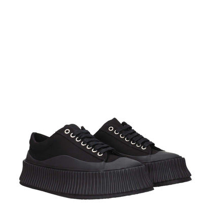 Jil Sander Black Fabric Chunky Sneakers with wedge heel and lace-up closure, featuring rubber sole and square toe design.