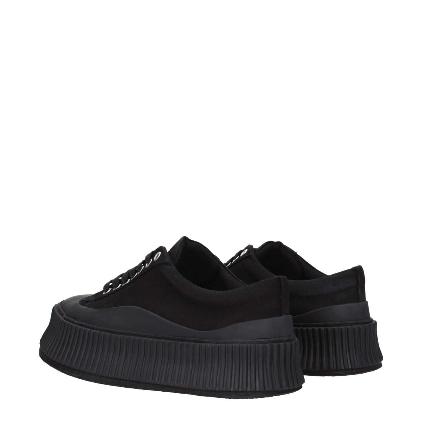 Jil Sander Black Fabric Chunky Sneakers with wedge heel and square toe, lace-up closure and rubber sole, showcasing side and back view.