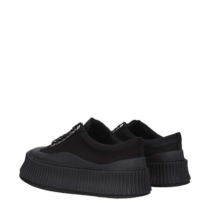 Jil Sander Black Fabric Chunky Sneakers with wedge heel and square toe, lace-up closure and rubber sole, showcasing side and back view.