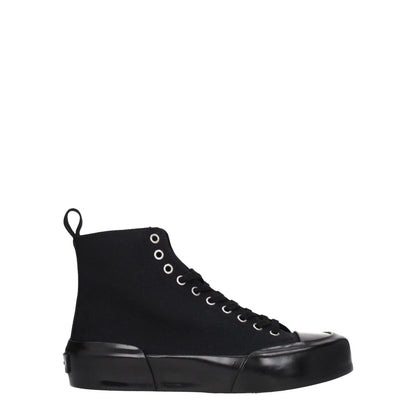 Jil Sander Black Fabric High Top Sneakers with round toe, lace-up closure, and rubber sole. Casual style with mid heels and back logo detail.