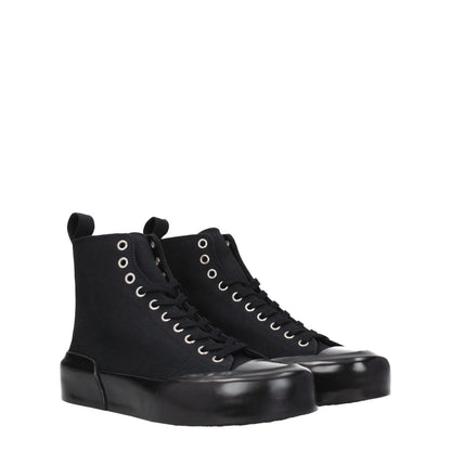 Jil Sander Black Fabric High Top Sneakers with lace-up closure and rubber sole, featuring logo on back, round toe, and mid heels.