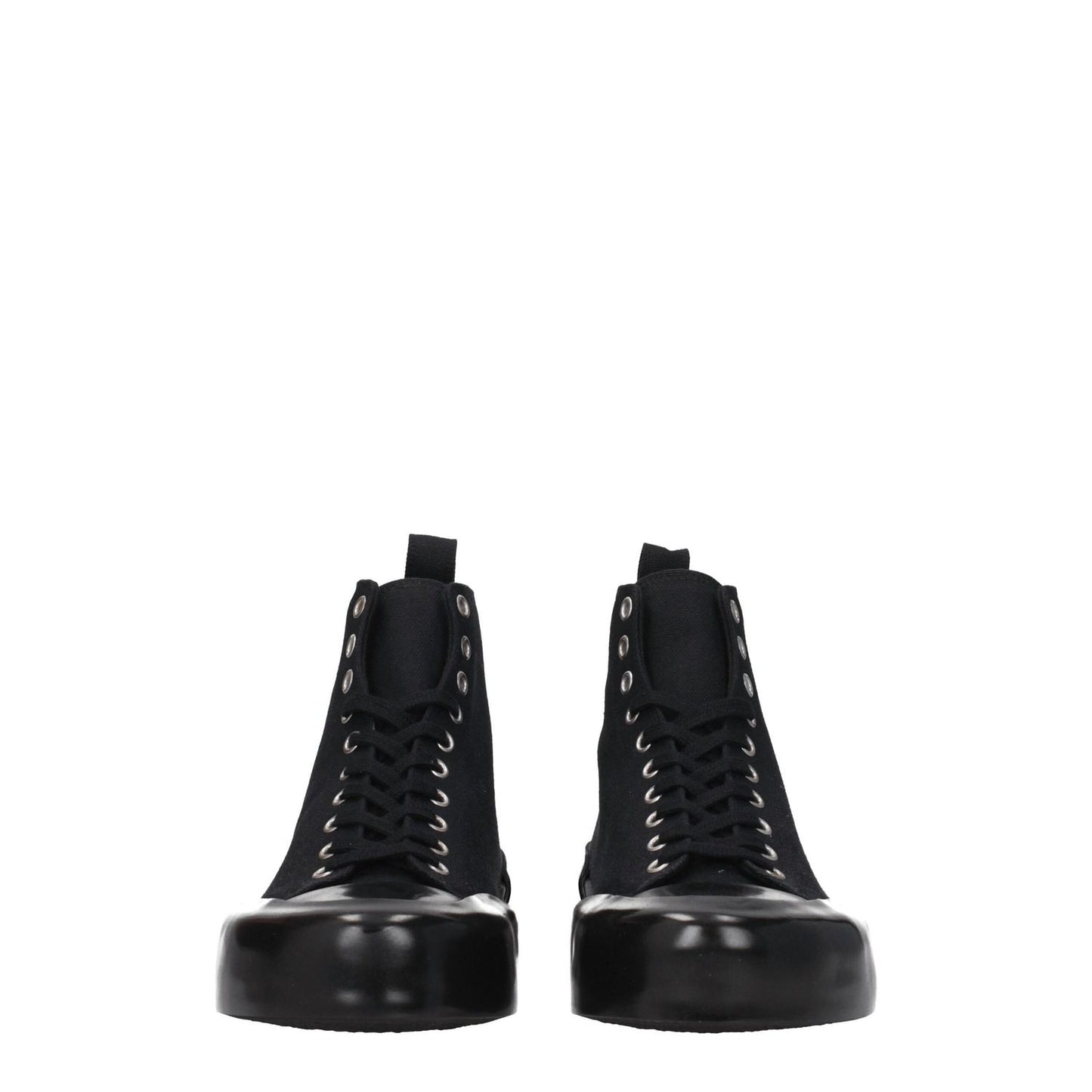 Jil Sander Black Fabric High Top Sneakers with lace-up closure and rubber sole, featuring back logo and round toe design, front view.
