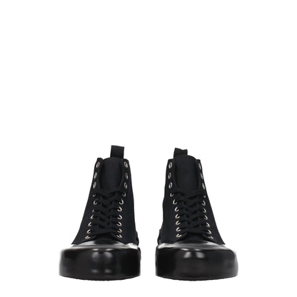 Jil Sander Black Fabric High Top Sneakers with lace-up closure and rubber sole, featuring back logo and round toe design, front view.