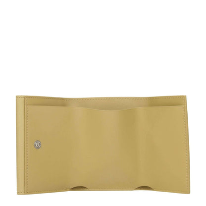 Open Jil Sander Yellow Leather Wallet showcasing compartments with button closure and crocodile print design.