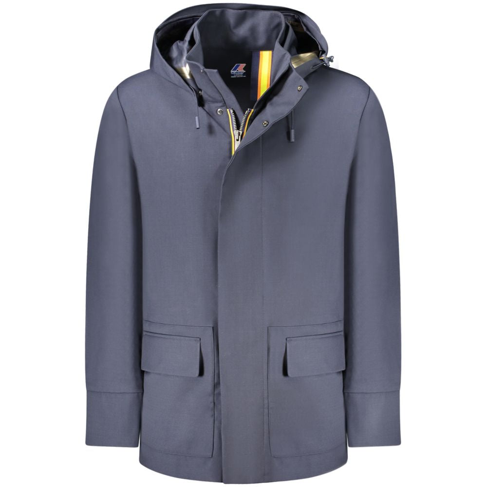 K-WAY Blue Wool Men Trench Coat with removable hood and multiple pockets, offering style and functionality in sleek blue.