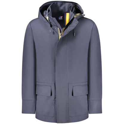 K-WAY Blue Wool Men Trench Coat with removable hood and multiple pockets, offering style and functionality in sleek blue.