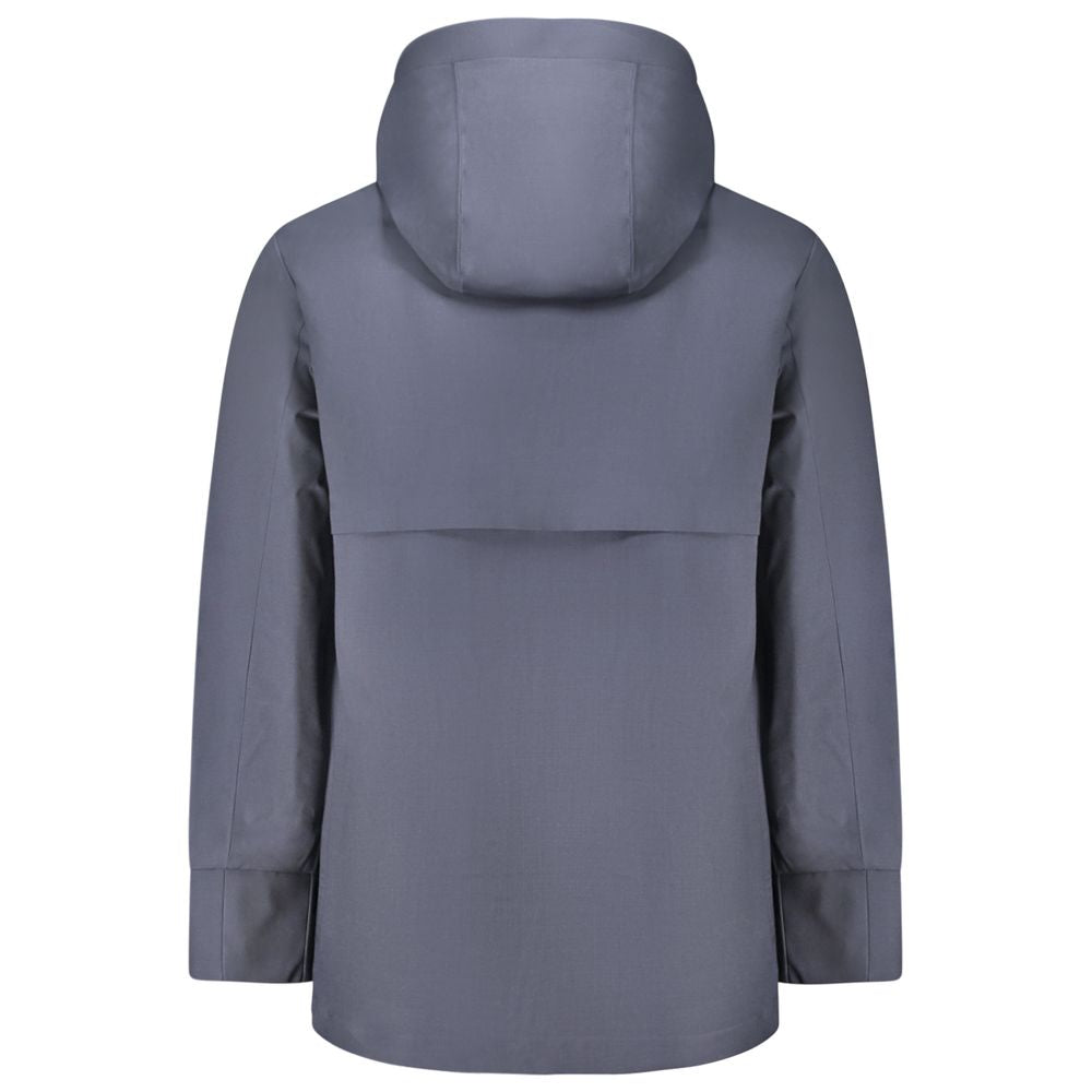 Back view of K-WAY Blue Wool Men Trench Coat with removable hood, showcasing sleek design and practical details.