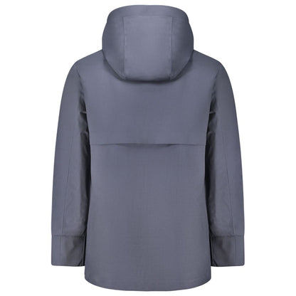 Back view of K-WAY Blue Wool Men Trench Coat with removable hood, showcasing sleek design and practical details.