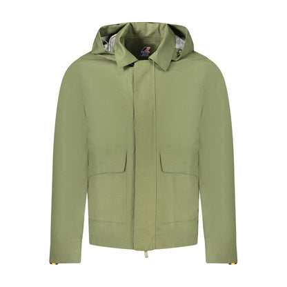 K-WAY Green Cotton Men Jacket with removable hood and multiple pockets, perfect for versatile wear and seasonal transitions.