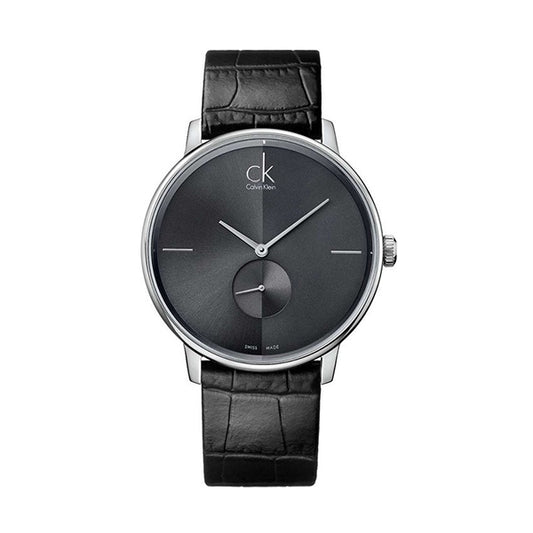 CALVIN KLEIN Mod. ACCENT wristwatch with black leather strap, stainless steel case, quartz movement, and mineral dial.