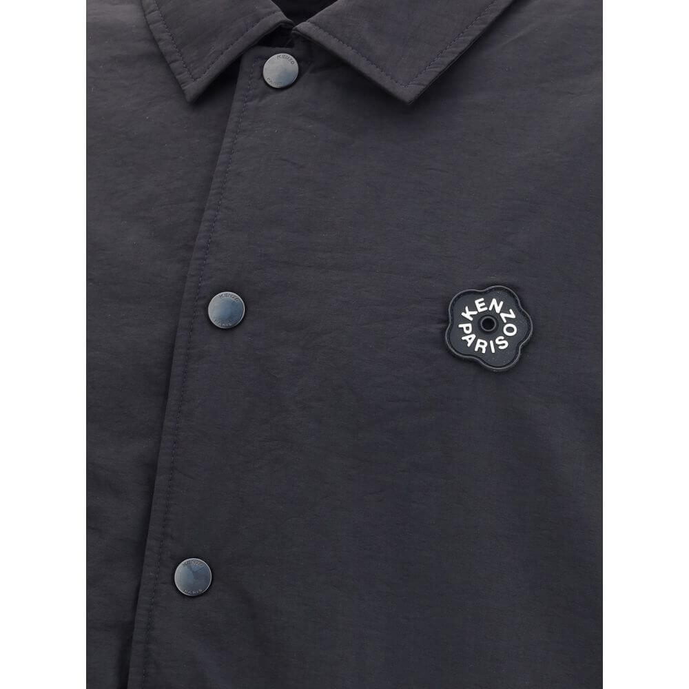 Kenzo Black Nylon Bomber reversible jacket with Boke Flower 2.0 rubber logo and metal button closure, showcasing iconic style.