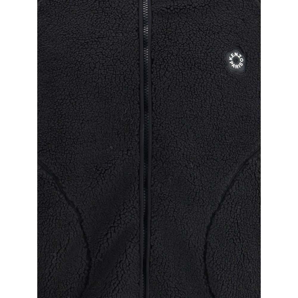 Kenzo Black Polyester Full-Length Jacket with Boke Flower design, fleece texture, hood, double-slider zipper, and chest logo.