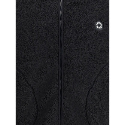 Kenzo Black Polyester Full-Length Jacket with Boke Flower design, fleece texture, hood, double-slider zipper, and chest logo.