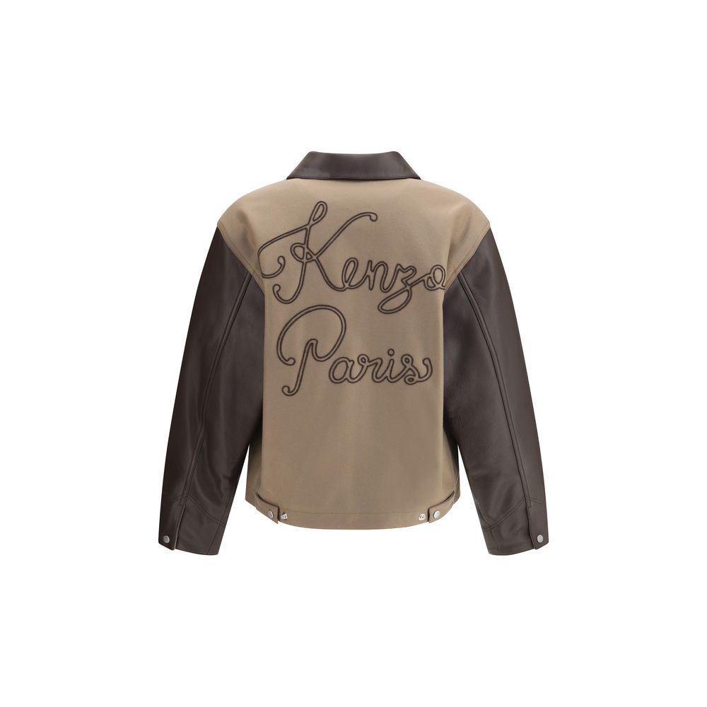Kenzo Brown Leather Jacket with embroidered logo and leather collar, featuring double-slider front zipper and patch pockets.